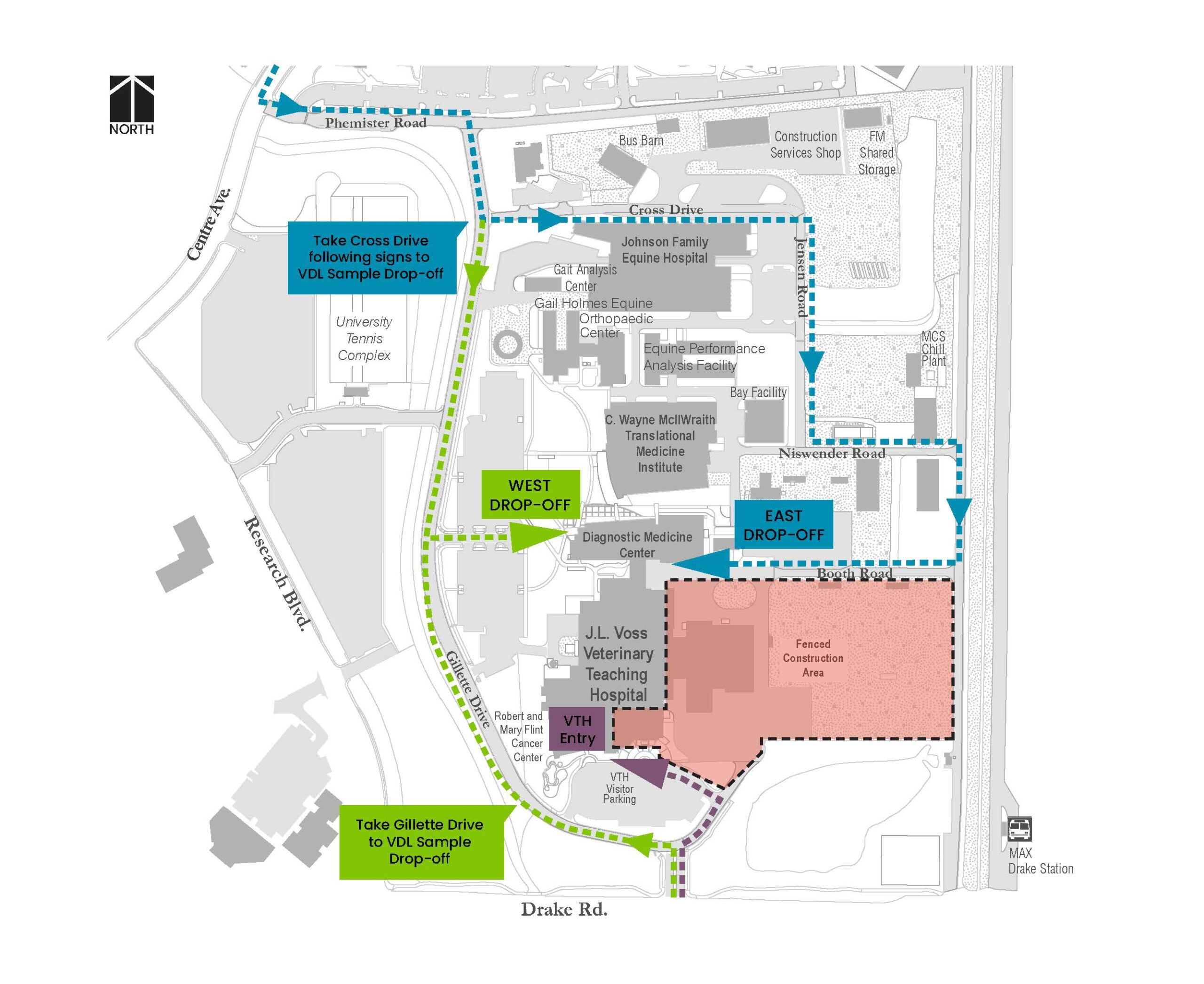 map of Diagnostic Medicine Center and surrounding buildings with arrows pointing to west drop-off, east drop-off, and VTH entry